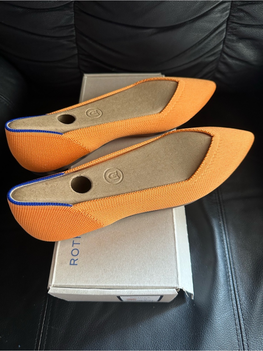 Rothy's Tangerine Pointed-Toe Knit Flats with Blue Trim